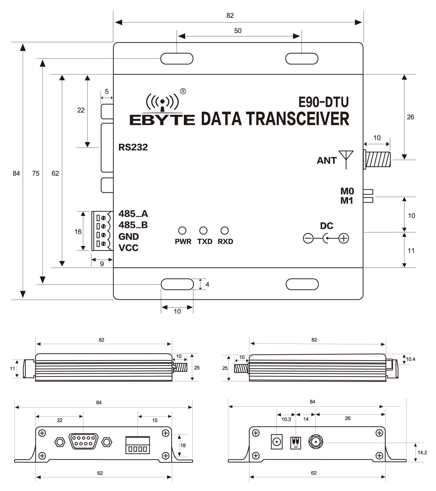 Transmisor y Receptor Inalambrico RS232 RS485 Via LoRa  E90-DTU(900SL22)