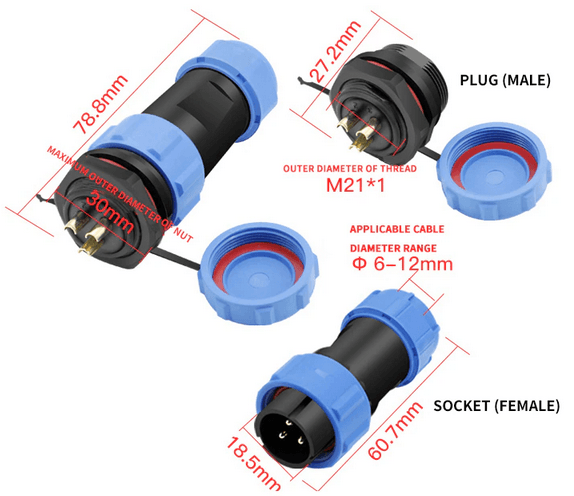 Conector de alta corriente IP67 2P panel pasante 30A